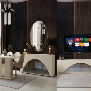 TABLE TV DIAMOND BEIGE MARRON+BUFFET+TABLE A MANGER 6 PLACES