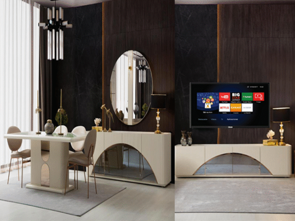 TABLE TV DIAMOND BEIGE MARRON+BUFFET+TABLE A MANGER 6 PLACES